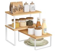 SONGMICS Set di 3 Organizzatori Armadio da Cucina, Metallo e Bambù | Scafali da Banco, Portaspezie Espandibile, Impilabili, Bambù Chiaro e Bianco Opaco, Collezione BYSTRO KCS014W01