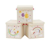 SONGMICS Set di 3 Scatole Portaoggetti per Bambini, Contenitore Porta Giochi per Bambini, 30 x 30 x 30 cm, Cesta Portagiochi Pieghevole con Coperchio, Cameretta, Disegno Unicorno, Beige RFB710W03