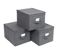 SONGMICS - Set di 3 scatole portaoggetti pieghevoli con coperchio, cubo in tessuto intrecciato con porta etichetta, cestino, organizer, scatola, 40 x 30 x 25 cm, grigio/nero