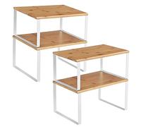 SONGMICS Organizzatori da Cucina, Set di 4 Scaffali da Banco, Portaoggetti per Armadietto, Impilabile, Espandibile, Metallo e Legno Ingegnerizzato, Bianco Nuvola e Beige Naturale KCS010N01