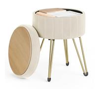 SONGMICS Sgabello Pouf Contenitore, Cassapanca Rotonda, Sgabello Toeletta in Velluto, 39 x 44,4 cm (Diam. x A), 4 Gambe in Metallo, Soggiorno Camera da Letto, Bianco Crema LOM003W01