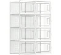 SONGMICS Shoe Boxes, Set of 12, Plastic Shoe Organisers, Foldable and Stackable, Shoes up to Size 44, Transparent-White LSP12SWT [No more mess] Does your home sink into shoe chaos? not organise shoe s