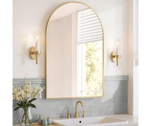 SONGMICS Specchio Bagno, Specchio da Parete, ad Arco, Cornice in Alluminio, 91 x 61 cm, Pellicola di Sicurezza, Facile da Montare, Soggiorno Camera da Letto, Oro Pallido LWM011AB01