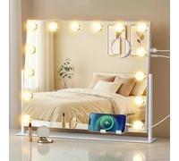 SONGMICS Specchio da Trucco con Luci, Controllo Touch, 14 LED Dimmerabili, Porte di Ricarica, 3 Temperature Colore, Supporto Telefono, 50 x 42 cm, Bianco Opaco LWM007WC02