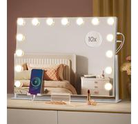 SONGMICS Specchio da Trucco con Luci, Controllo Touch, 15 LED Dimmerabili, Porte di Ricarica, Specchio Staccabile Ingranditore 10X, 3 Temperature Colore, Supporto Telefono, Bianco Opaco LWM001W02