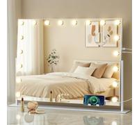 SONGMICS Specchio da Trucco con Luci, Controllo Touch, 18 LED Dimmerabili, Porte di Ricarica, 3 Temperature Colore, Supporto Telefono, 80 x 60 cm, Bianco Opaco LWM003WC02