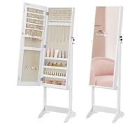 SONGMICS Specchio Portagioie da Terra, Armadietto Portagioielli, Specchio a Figura Intera, con Serratura, Idea Regalo, Superficie Bianca e Fodera Beige JJC069W02