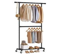 SONGMICS Stand Appendiabiti, Appendiabiti Doppio con Ruote, Barra Centrale Regolabile in Altezza, Attaccapanni con Ripiano, Massima Portata di 110 kg, Nero Classico HSR62BK