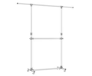 SONGMICS Stand Appendiabiti Doppio, Attaccapanni Estensibile con Ruote, Altezza Regolabile 113-180 cm, Barra Centrale Regolabile, Bianco LLR401W01