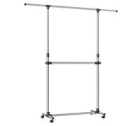 SONGMICS Stand Appendiabiti Doppio con Ruote, Larghezza 101-165 cm | Attaccapanni Estensibile in Metallo, Portata Totale 50 kg, Argento e Bianco, Collezione Pataye LLR41L
