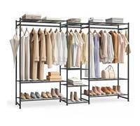 SONGMICS Stand Appendiabiti, Guardaroba Aperto, Armadio con 10 Ripiani, 3 Aste Appendiabiti, 4 Ganci a S, Metallo, per Camera da Letto Soggiorno Ingresso, Nero LGR011BZ01