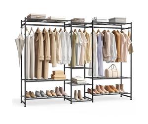 SONGMICS Stand Appendiabiti, Guardaroba Aperto, Armadio con 10 Ripiani, 3 Aste Appendiabiti, 4 Ganci a S, Metallo, per Camera da Letto Soggiorno Ingresso, Nero LGR011BZ01