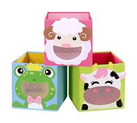 SONGMICS Statole Portaoggetti, Set di 3 Organizzatori per Giochi, 27 x 27 x 27 cm, Contenitori Pieghevoli, per Camerette Stanza dei Giochi, a Tema Animali, Azzurro, Verde e Rosa RFB01PG