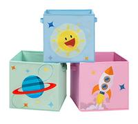 SONGMICS Statole Portaoggetti, Set di 3 Organizzatori per Giochi, Contenitori Pieghevoli con Maniglie, per Camerette Stanza dei Giochi, 30 x 30 x 30 cm, a Tema Spazio, Azzurro, Verde e Rosa RFB001Y03