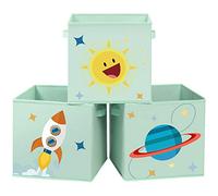 SONGMICS Statole Portaoggetti, Set di 3 Organizzatori per Giochi, Contenitori Pieghevoli con Maniglie, per Camerette Stanza dei Giochi, 30 x 30 x 30 cm, a Tema Spazio, Verde RFB001G03
