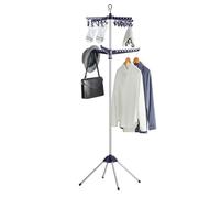 SONGMICS Stendibiancheria pieghevole a 2 ripiani, 183 cm, con 3 bracci girevoli per grucce, 24 clip, in acciaio inox, per 27 pezzi, blu e argento ULLR512Q01