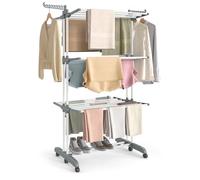SONGMICS Stendibiancheria, Stendino Pieghevole a 4 Livelli, con Ruote e Ali Richiudibili, 63,5 x 125,5 x 173 cm, Capiente, Uso Interno ed Esterno, Bianco Nuvola e Grigio Tortora LLR703WZ02