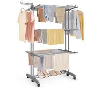 SONGMICS Stendibiancheria, Stendino Pieghevole a 4 Livelli, con Ruote e Ali Richiudibili, 63,5 x 125,5 x 173 cm, Capiente, Uso Interno ed Esterno, Grigio Tortora LLR703G01