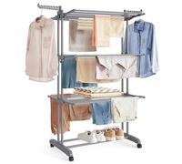 SONGMICS Stendibiancheria, Stendino Pieghevole a 4 Livelli, con Ruote e Ali Richiudibili, 63,5 x 128 x 173 cm, Capiente, Uso Interno ed Esterno, Grigio LLR701G01