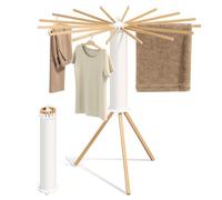 SONGMICS Stendibiancheria, Stendino Verticale, Pieghevole Portatile, Risparmia Spazio, Girevole, Estensibile, Lavanderia Balcone, 16 Bracci in Legno, Colore Naturale LLR530YW01