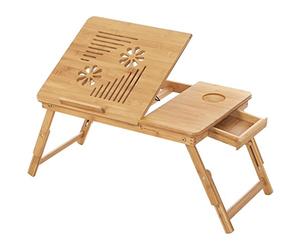 SONGMICS Tavolino Porta Laptop in BambùPieghevole, Vassoio per PC Notebook da Letto Computer Portatile, Tavolino d'Appoggio Inclinabile 55 x 35 x 29 cm LLD002