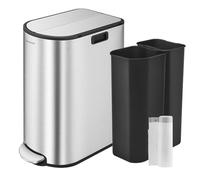 SONGMICS ULTB570E50, Pattumiera da cucina doppia da 50 l, con scomparti da 20 l e da 30 l e coperchi ad alette, in acciaio inossidabile, dalla chiusura delicata, argento metallizzato
