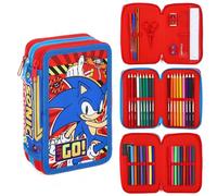 Sonic - Astuccio completo di cancelleria per la scuola, set per bambini, a 3 livelli, con penne, matite e pennarelli, set a tema Sonic The Hedgehog Boys
