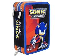 Sonic Astuccio Triplo Riempito Bambino, 43 Accessori Scuola Elementare, Inclusi Pastelli e Pennarelli, 3 Zip, 20 Centimetri, 3 Scomparti (Sonic Prime Nero)