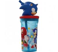 SONIC - Bicchiere Bambini con Cannuccia e Coperchio, Figura 3D, 360 ml, Plastica Riutilizzabile, Senza BPA, Ideale per Bambini e Ragazzi