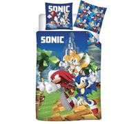 Sonic Tails Knuckles Copripiumino Singolo 140x200 + Federa 65x65 Cotone | Set letto reversibile singolo | Trio a tutta velocità a Green Hill | Licenza SEGA ufficiale | Bambino