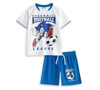 Sonic The Hedgehog Kit della Greenhill Football League dei ragazzi | Top bianco e pantaloncini blu | Set da calcio a maniche corte | Abbigliamento sportivo grafico sonico | Merchandising Sonic