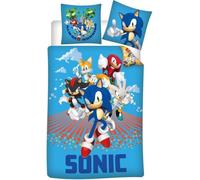Sonic The Hedgehog - Parure da letto per bambini, 100 x 135 cm, federa 40 x 60 cm, 100% cotone, copripiumino reversibile con Sonic, Tails & Knuckles, ufficiale, colore: blu