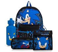 SONIC THE HEDGEHOG Set da 4 pezzi per la scuola con borsa per il pranzo, astuccio e bottiglia d'acqua, zaino per ragazzi con cinghie regolabili imbottite - Forniture per il rientro a scuola, Nero