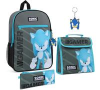 SONIC THE HEDGEHOG Set Zaino Bambino Scuola Elementare con Zaino Scolastico Borsa Pranzo Astuccio e Portachiavi Set di 4 Pezzi per Bambini con Borsa da Viaggio Regali per Ragazzi