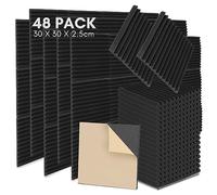 Sonnewelt Schiuma acustica autoadesiva, 48 pezzi, 2,5 x 30 x 30 cm, 3D, ad alta densità, assorbitore acustico da parete, per studio, studio, registrazione, ufficio, nero, cuneo