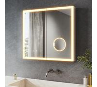 SONNI Armadietto a specchio a LED con specchio ingranditore 3 volte e presa 65 x 60 cm, armadio a specchio in alluminio con interruttore touch, 3 colori chiari + anello defogging, IP44