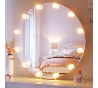 SONNI Hollywood - Specchio da trucco rotondo, 80 cm, con 12 lampadine, 3 luci di colore dimmerabili + presa + montaggio a parete/base (a prova di ribaltamento), colore bianco, grande specchio