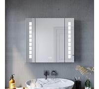 SONNI Mobiletto Bagno con Specchio con Illuminazione, Armadietto a Specchio Antiappannamento e Presa di Corrente, Mobile Specchio Bagno con Interruttore a Sfioramento 60 x 65 cm