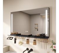 SONNI Specchio da bagno a LED, 100 x 60 cm, con ripiano da 100 cm, 3 colori chiari, anti-appannamento e funzione di memoria, ripiano con supporto per cellulare + gancio + portaspazzolino + porta