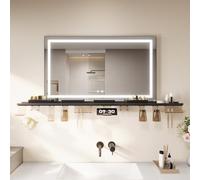 SONNI Specchio da bagno a LED, 100 x 60 cm, con ripiano da 140 cm, 3 colori chiari, anti-appannamento e funzione di memoria, ripiano con supporto per cellulare + gancio + porta spazzolini + porta