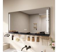 SONNI Specchio da bagno a LED, 120 x 60 cm, con ripiano da 120 cm, 3 colori chiari, anti-appannamento e funzione di memoria, ripiano con supporto per cellulare + gancio + portaspazzolino + porta