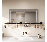 SONNI Specchio da bagno a LED, 120 x 60 cm, con ripiano da 160 cm, 3 colori chiari, anti-appannamento e funzione di memoria, ripiano con supporto per cellulare + gancio + portaspazzolino + porta