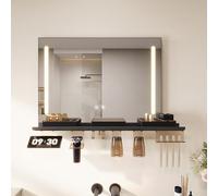 SONNI Specchio da bagno a LED, 70 x 50 cm, con ripiano da 80 cm, 3 colori chiari, anti-appannamento e funzione di memoria, ripiano con supporto per cellulare + gancio + porta spazzolini