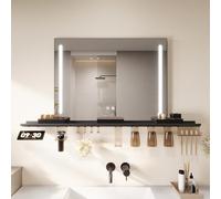 SONNI Specchio da bagno a LED, 80 x 60 cm, con ripiano da 120 cm, 3 colori chiari, anti-appannamento e funzione di memoria, ripiano con supporto per cellulare + gancio + portaspazzolino + porta