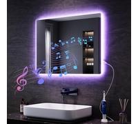 SONNI Specchio da bagno con illuminazione a LED, con Bluetooth e interruttore touch, possibilità di regolazione dell'intensità, anti-appannamento, 3 colori di luce regolabili, presa elettrica