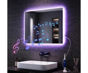 SONNI Specchio da bagno con illuminazione a LED, con Bluetooth e interruttore touch, possibilità di regolazione dell'intensità, anti-appannamento, 3 colori di luce regolabili, presa elettrica