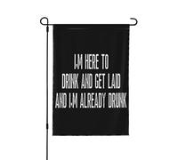 Sono qui per bere e fare sesso e sono già ubriaco, bandiera da giardino doppia dimensione 12x18, decorazione per esterni, cartello per la casa.