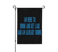 Sono qui per bere e fare sesso e sono già ubriaco, bandiera da giardino doppia dimensione 12x18, decorazione per esterni, cartello per la casa.