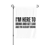 Sono qui per bere e fare sesso e sono già ubriaco, bandiera da giardino doppia dimensione 12x18, decorazione per esterni, cartello per la casa.