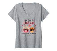 Sono Solo Un Cupcake Che Cerca Il Mio Stud Muffin Sweet Love Maglietta con Collo a V, Donna, Grigio Melange, XXL